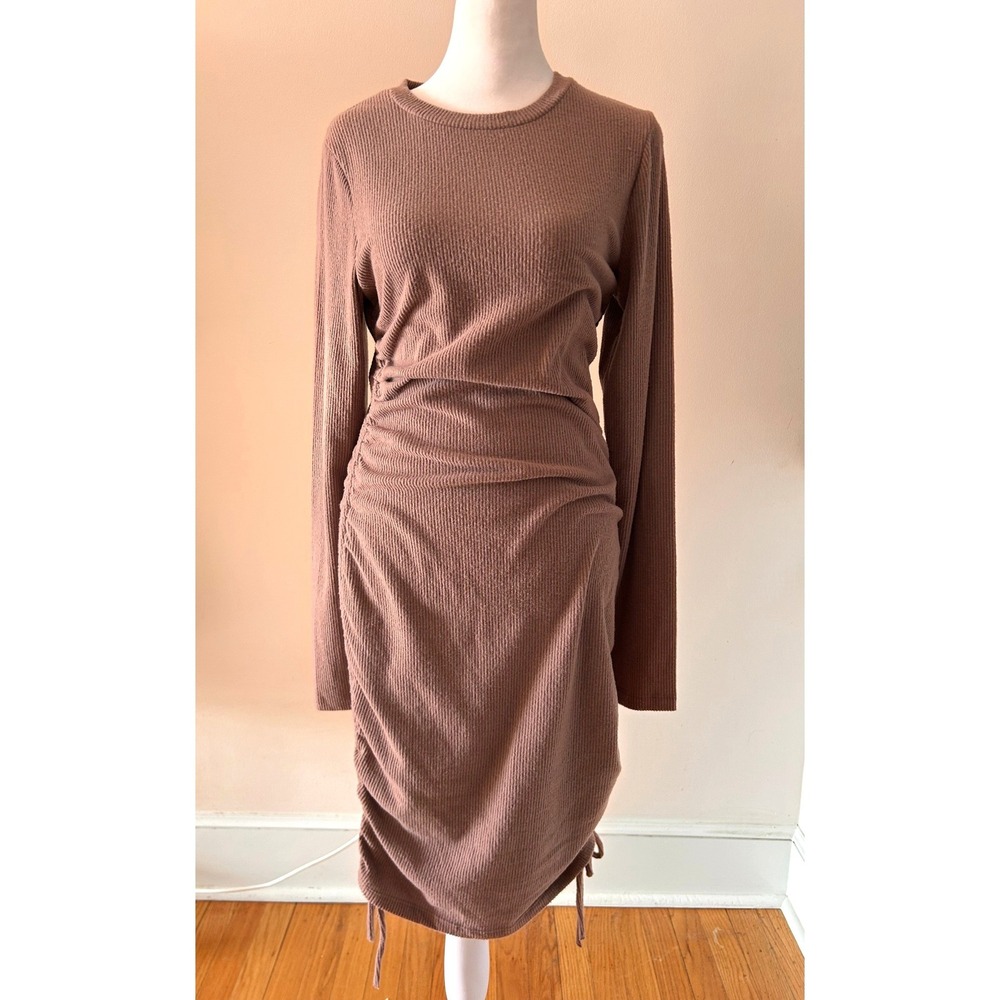 NWT‎ Love Tree Ribbed Ruched Drawstring Long Sleeve Dress Brown Size Large